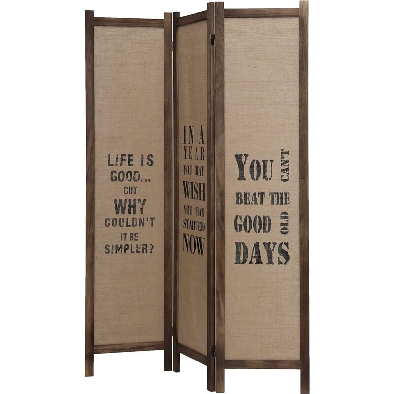 Paravent en bois de pin couleur noyer et en toile de jute, Organics