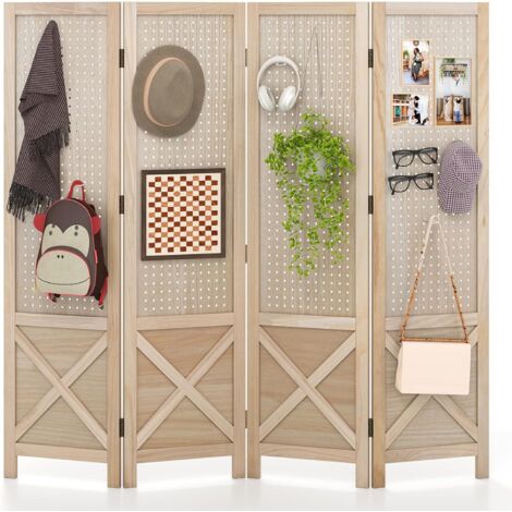 Paravent en bois pliable à quatre panneaux avec panneau perforé pratique, compatible avec divers crochets, pieds antidérapants, idéal pour bureau, chambre, salle à manger, studio