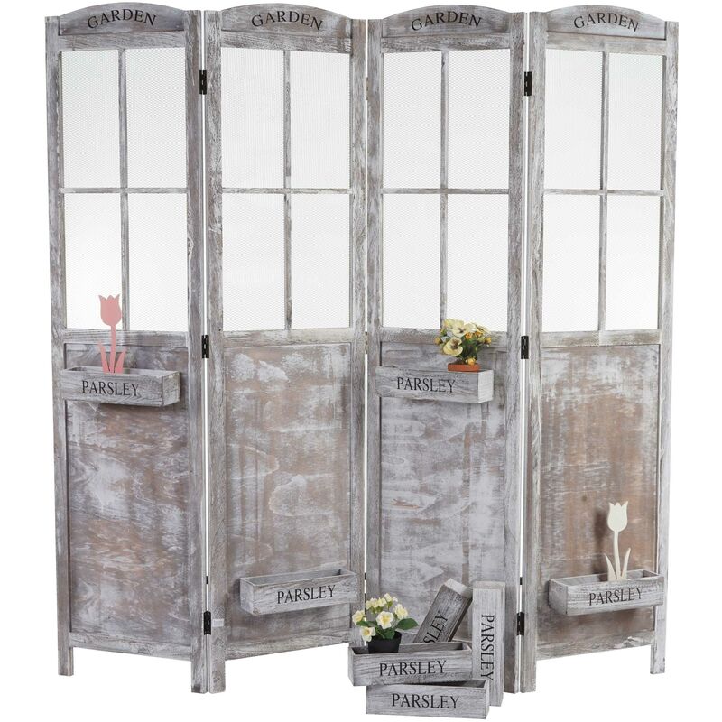 Paravent HHG 599, Séparation de pièce Cloison de séparation, corbeilles de plantes 4 panneaux, look shabby 170x180x22cm, brun-gris