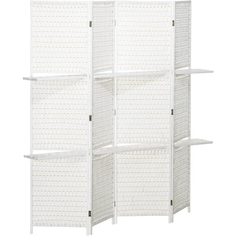 Séparateur de pièces 4 panneaux 2 étagères pliables blanc paille