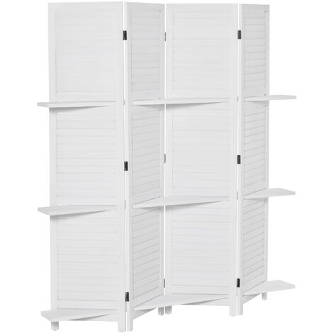 Paravent intérieur 4 panneaux 3 étagères pliables séparateur de pièce portes persiennes bois de paulownia blanc - Blanc