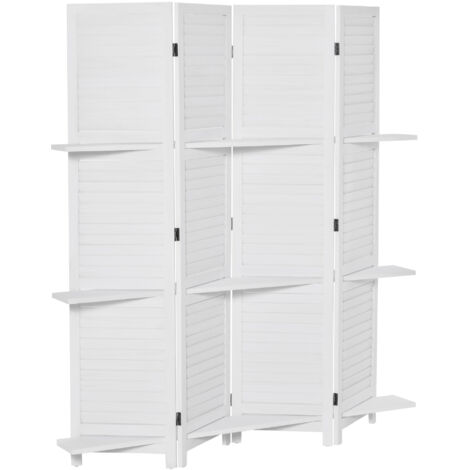 Paravent intérieur bois 4 panneaux 160x170 cm séparateur pièce pliable 3 étagères cloison salon chambre blanc