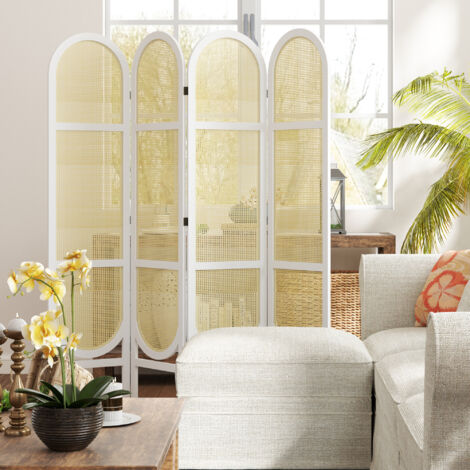 Paravent interieur en bois 4 panneaux 170 x 160 cm pliable et portable, motif tissé à la main, blanc