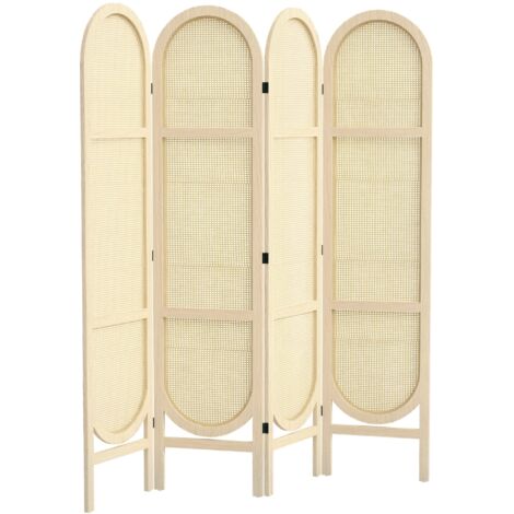 Paravent interieur en bois 4 panneaux 170 x 160 cm pliable et portable, motif tissé à la main, bois naturel