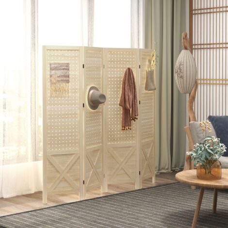 Paravent intérieur en bois 4 panneaux séparateur de pièce pliable panneau perforé 152 x 1.7 x 144.5 cm bois naturel