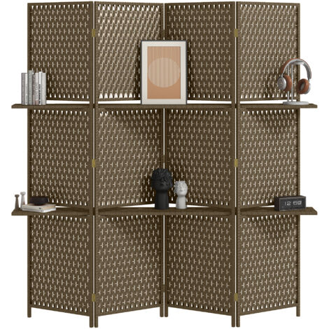 Paravent intérieur séparateur de pièce 4 panneaux 2 étagères bois de pin tressée fibres de papier 181 x 180 cm marron
