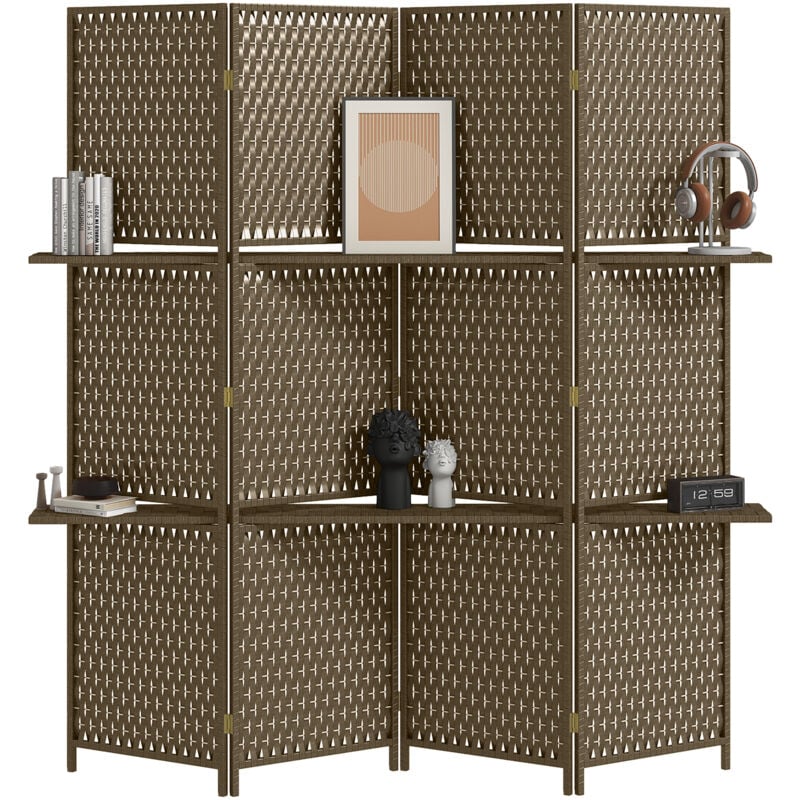 Homcom - Paravent intérieur 4 panneaux 2 étagères pliables séparateur de pièce bois de pin bambou fibres de papier tressée marron paille