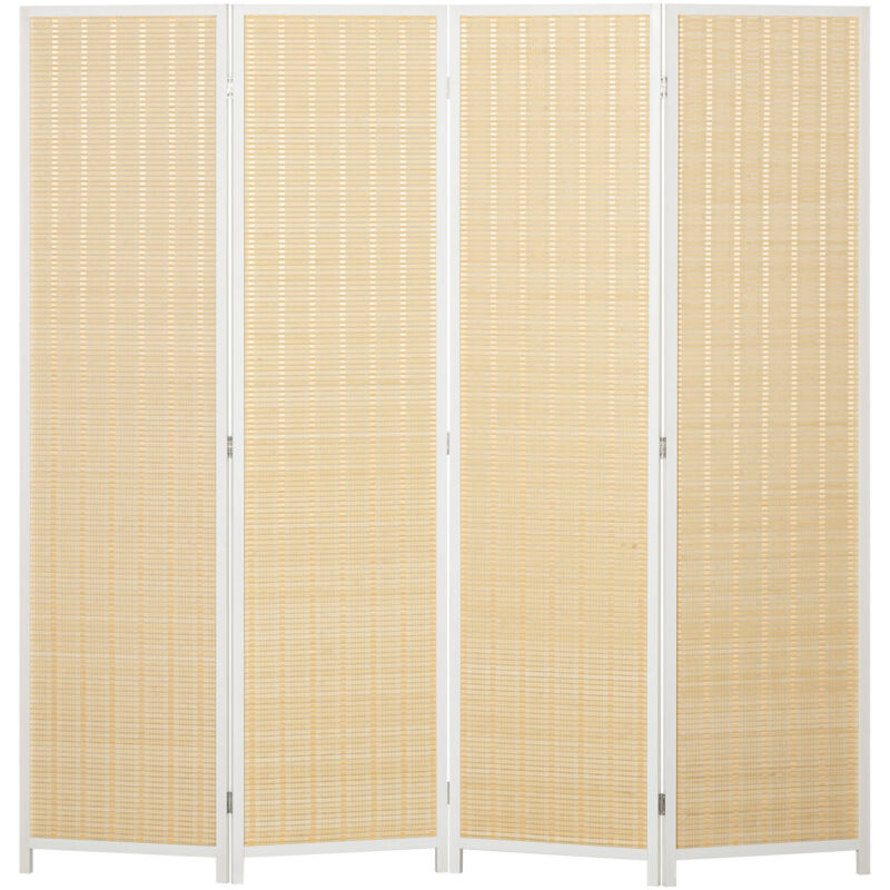 Homcom - Paravent intérieur séparateur de pièce pliable 4 panneaux dim. 180L x 180H cm bois pin bambou coton blanc