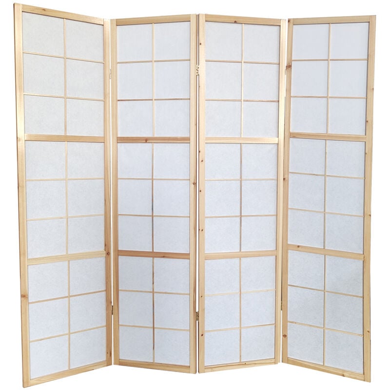 Paravent japonais bois naturel, séparateur de pièce 4 pans - Hauteur 175 cm x Longueur 176 cm