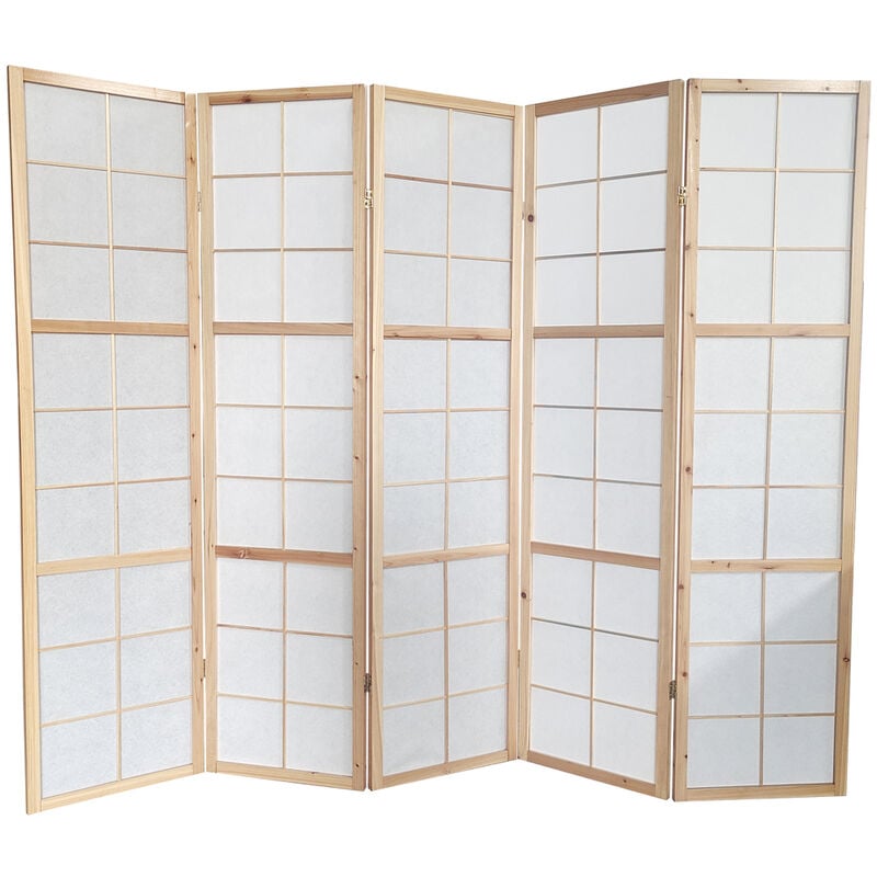 Paravent japonais bois naturel, séparateur de pièce 5 pans - Hauteur 175 cm x Longueur 220 cm