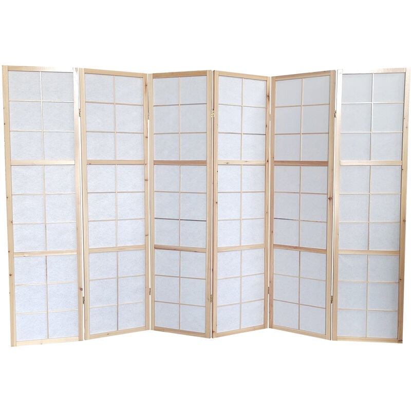 Paravent japonais bois naturel, séparateur de pièce 6 pans - Hauteur 175 cm x Longueur 264 cm