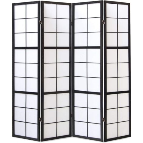 Paravent japonais grands carreaux bois noir et papier de riz - 4 pans - Dim : H 178,6