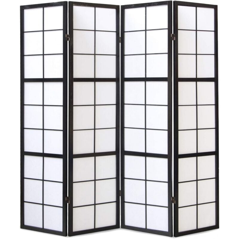 Paravent japonais grands carreaux bois noir et papier de riz - 4 pans - Dim : h 178,6 Pegane