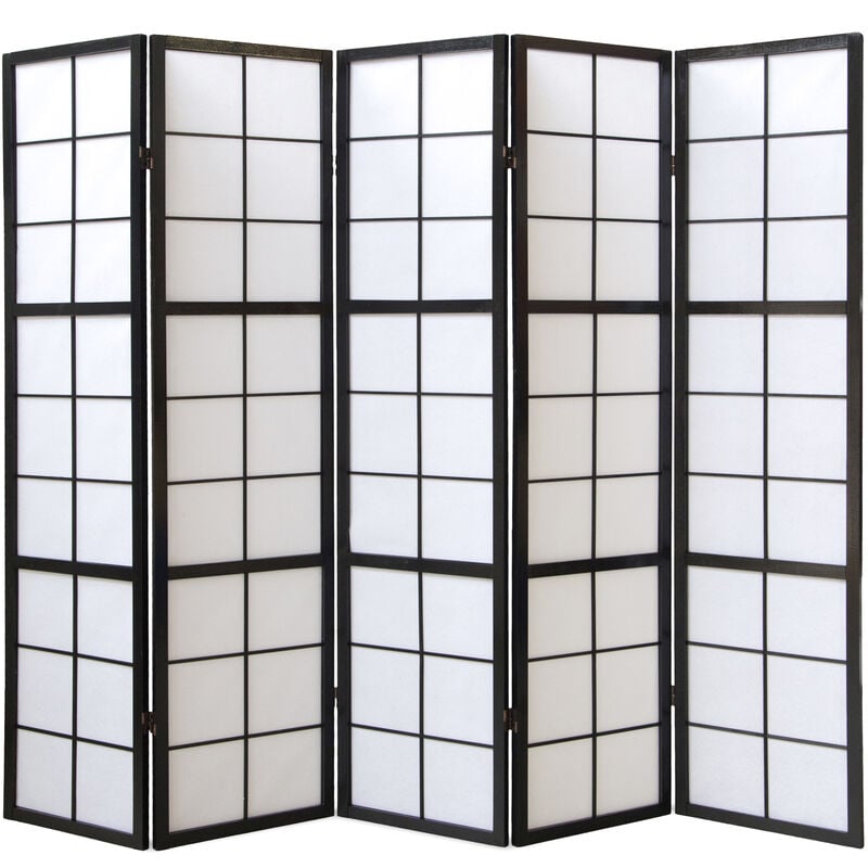 Paravent japonais grands carreaux bois noir et papier de riz - 5 pans - Dim : h 178,6 Pegane