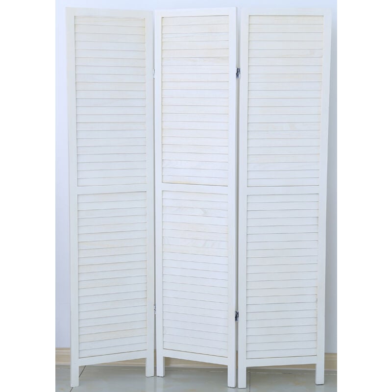 Paravent persienne de 3 pans en bois, coloris blanc lasuré - Dim : H170 x L120cm