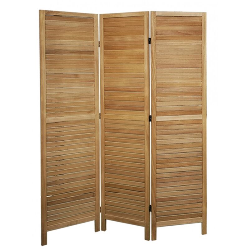 Paravent persienne de 3 pans en bois, coloris brun clair - Dim : H170 x L120cm Pegane