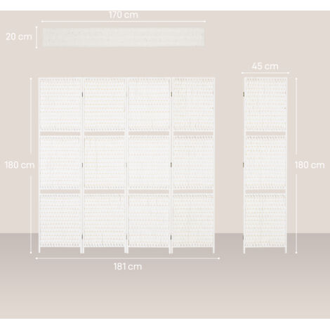 Paravent pliant 4 panneaux, 181 x 180 cm, avec 2 étagères, en pin et bambou, pour chambre, blanc