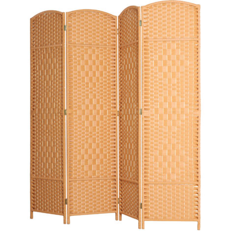 Paravent pliant 4 panneaux, cloison de séparation en bois de pin brun, motif tressé, séparateur de pièce pliable
