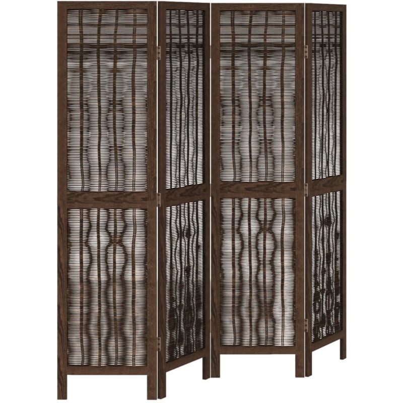 Paravent séparateur de pièce cloison 4 panneaux en bois paulownia et brindille de saule marron DEC030891