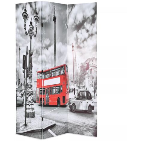 Paravent séparateur de pièce cloison de séparation décoration meuble 120 cm bus londonien noir et blanc