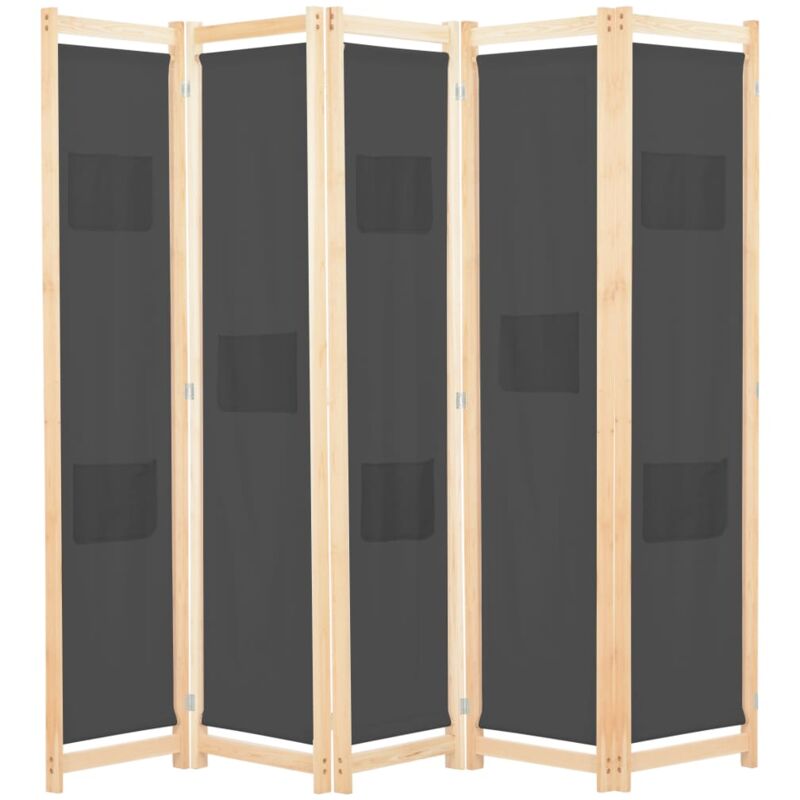 Paravent séparateur de pièce cloison de séparation décoration meuble 5 panneaux gris 200 x 170 x 4 cm tissu
