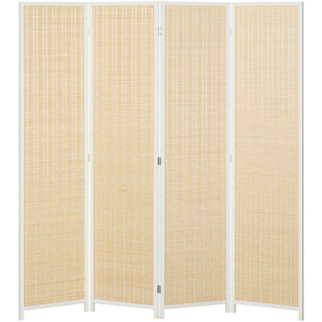Paravent séparateur de pièce pliable 4 panneaux bois bambou coton