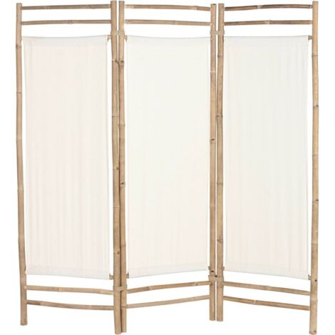 Paravent tropical bambou et coton naturel esprit zen décoratif - Naturel bambou coton écru