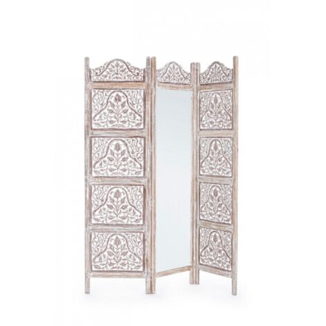 Paravento 3 Ante "Alyssia" bianco in legno di mango, mdf e vetro, lavorato a mano 130x2,5x 180 cm