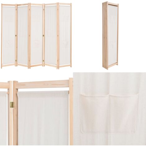 Paravento a 5 Pannelli Crema 200x170x4 cm in Tessuto - Separè autoportante - Paravento decorativo