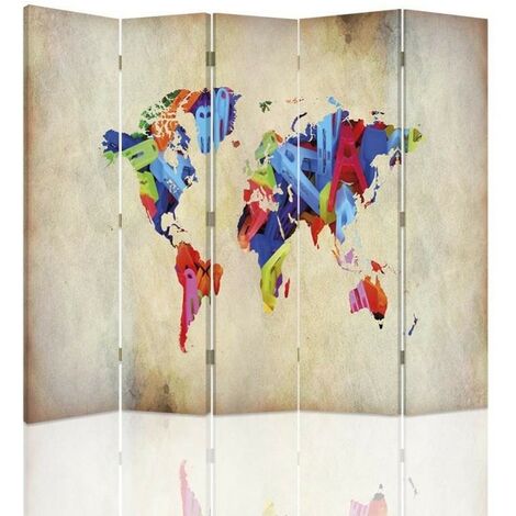 Paravento bilaterale, Mappa del mondo colorata - 180x170
