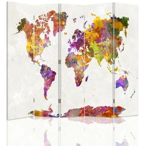 Paravento bilaterale, Mappa del mondo multicolore - 180x170