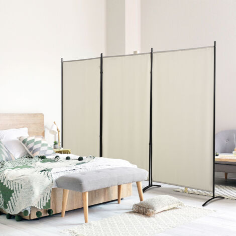 Paravento da Interno a 3 Pannelli, Separé Pieghevole Divisorio per Ambienti in Metallo e Poliestere, 253x50x182cm, Beige