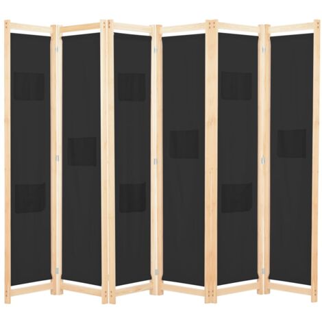 Paravento divisorio per mobili da parete, decorazione, 6 pannelli, tessuto nero 240 x 170 x 4 cm