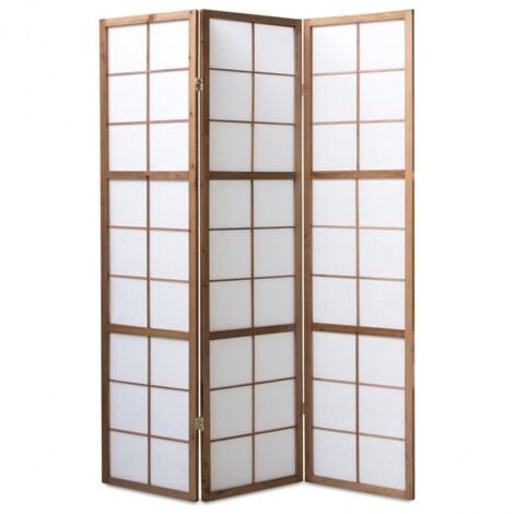 Paravento giapponese Shoji in legno marrone scuro di 3 pannelli