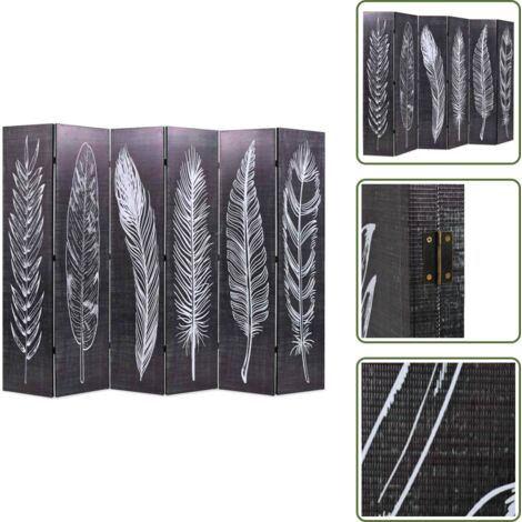 Paravento per camera - vidaXL Paravento Pieghevole 228x170 cm Stampa Piume Bianco e Nero - Paravento per ufficio