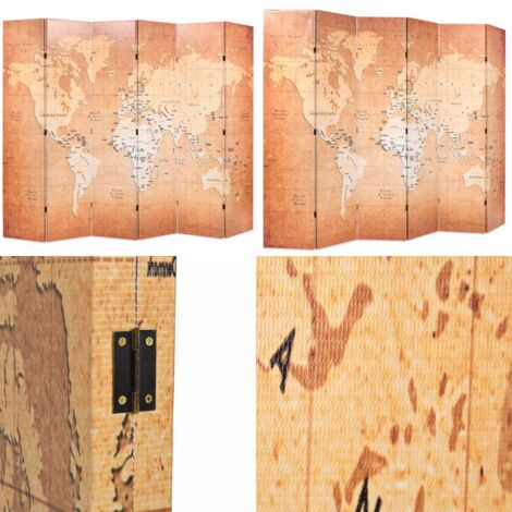 Paravento Pieghevole 228x170 cm Stampa Mappa del Mondo Giallo - Paravento con mappa del mondo - Paravento in legno