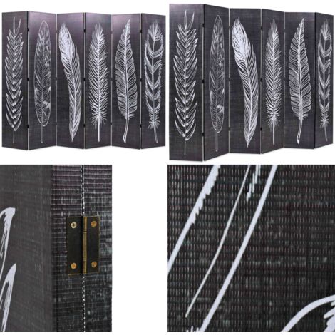 Paravento Pieghevole 228x170 cm Stampa Piume Bianco e Nero - Paravento in legno - Paravento con stampa piume