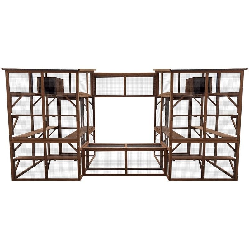 Parc à chats double avec tunnel en bois