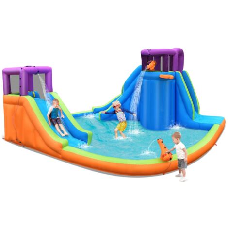 Parc Aquatique Gonflable Double Toboggan Aquatique avec 4 Arroseurs et 2 Pistolets à Eau et Piscine à Éclaboussures avec Mur d'Escalade