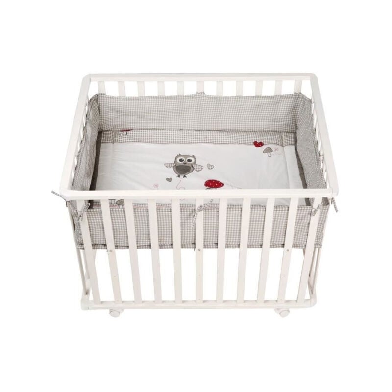Parc Bébé 100x75 cm + Tapis Adam et Eule Imprimé Chouette + 4 Roues - ROBA - Bois blanc