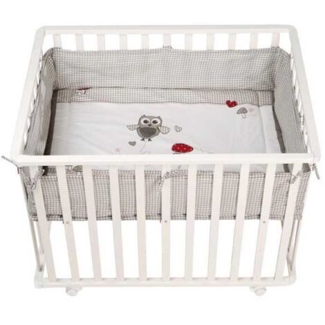 Parc Bébé 100x75 cm + Tapis Adam et Eule Imprimé Chouette + 4 Roues - ROBA - Bois blanc