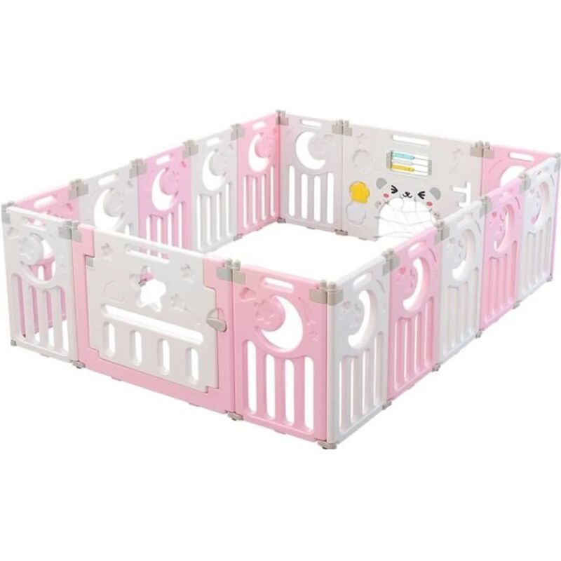 Parc Bébé 16 Panneaux,Barrière de Sécurité Portail Parc XL,Grille de Protection en Plastiqu Ecologiques avec Porte,150x185cm,Rose