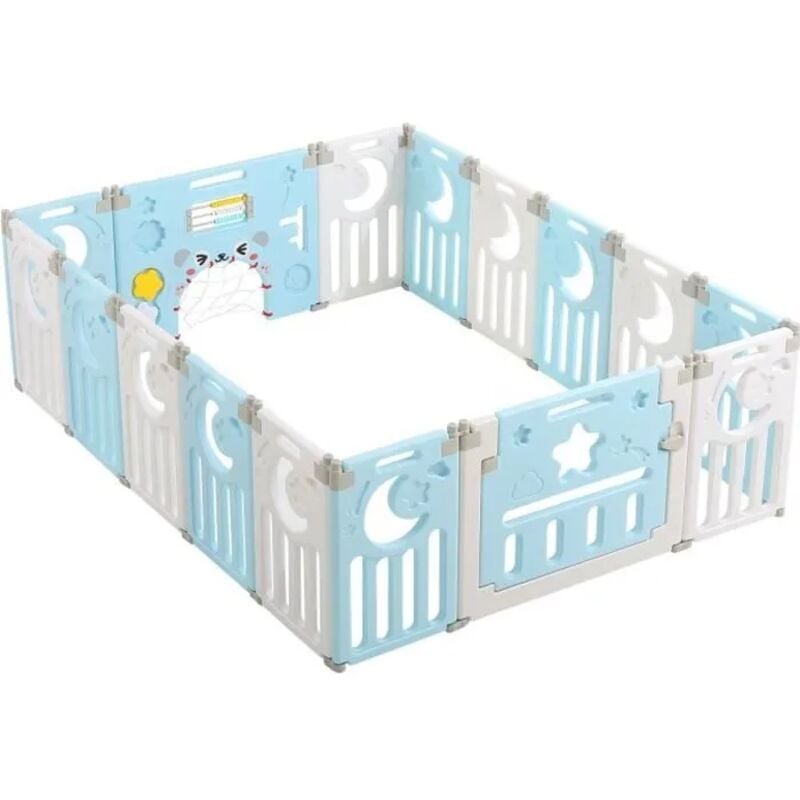 Parc Bébé 16 Panneaux,Barrière de Sécurité Portail Parc XL,Grille de Protection en Plastiqu Ecologiques avec Porte,150x185cm,Bleu