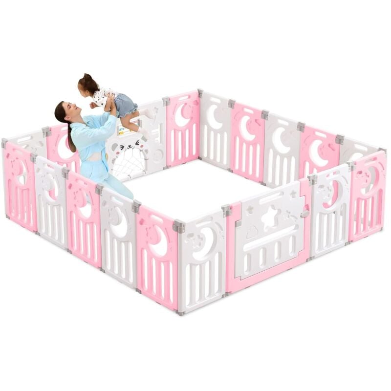 Parc Bébé 16+2 Panneaux,Barrière de Sécurité Portail Parc XXL,Grille de Protection en Plastiqu Ecologiques avec Porte,190x190cm,Rose
