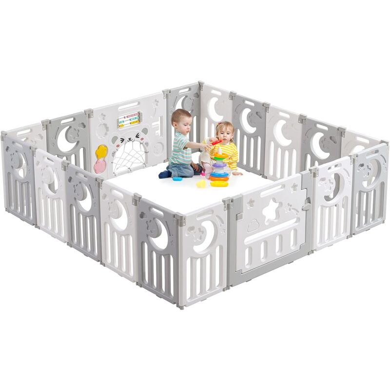 Parc Bébé 16+2 Panneaux,Clôture Pliant de Protection Bébé Enfants,Grille de Protection en Plastique Écologique avec Porte 190x190cm - Gris et Blanc