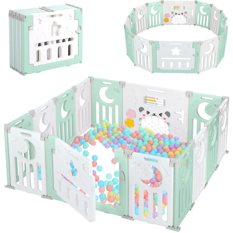 Parc Bébé 12+2 Panneaux,Barrière de Sécurité Portail,Grille de Protection en Plastiqu Ecologiques,150x150x62cm - Vert