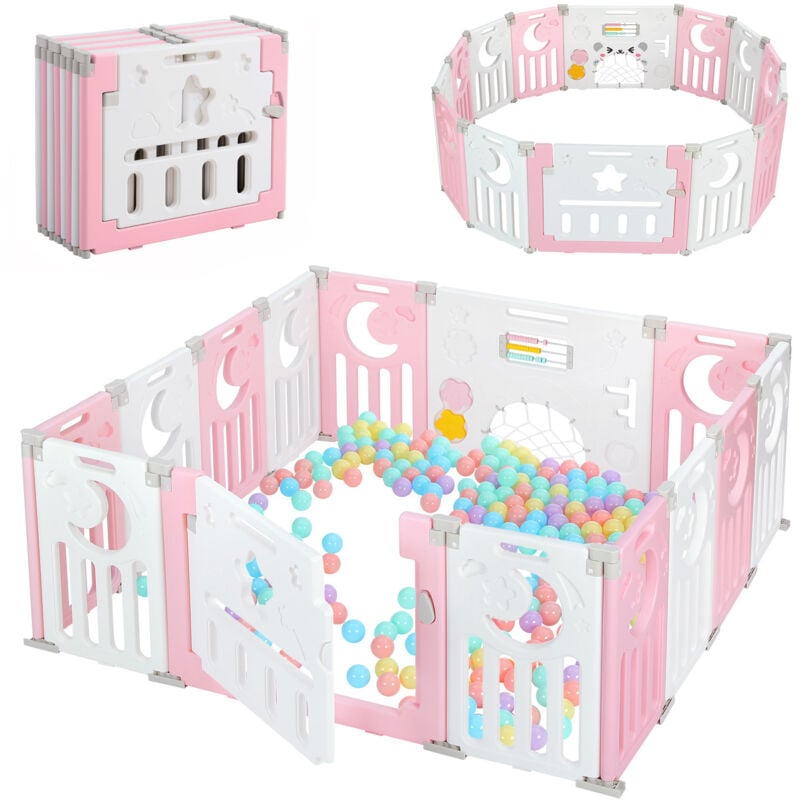 Parc Bébé 12+2 Panneaux,Barrière de Sécurité Portail,Grille de Protection en Plastiqu Ecologiques,150x150x62cm - Rose