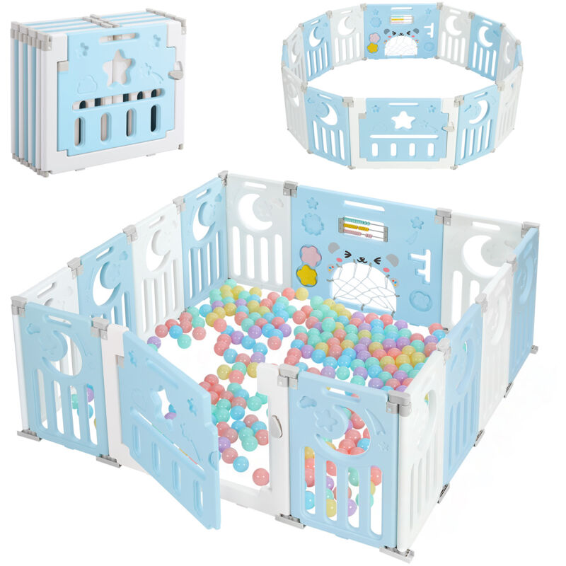 Parc Bébé 12+2 Panneaux,Barrière de Sécurité Portail,Grille de Protection en Plastiqu Ecologiques,150x150x62cm - Bleu