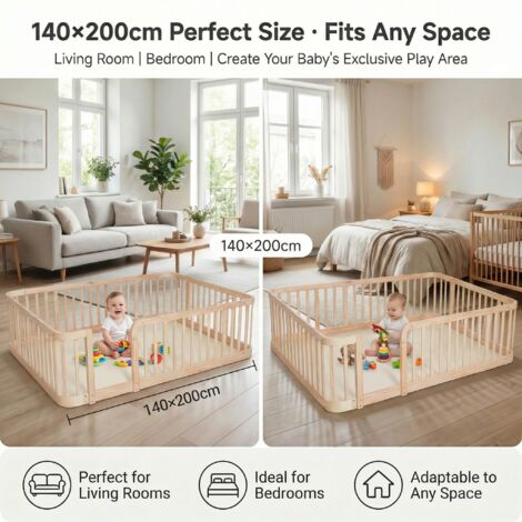 Parc bébé bois naturel 140×200cm,espacement barres 7cm,bords arrondis et sol anti-pincement. Barrière sécurité pour bébés et animaux.