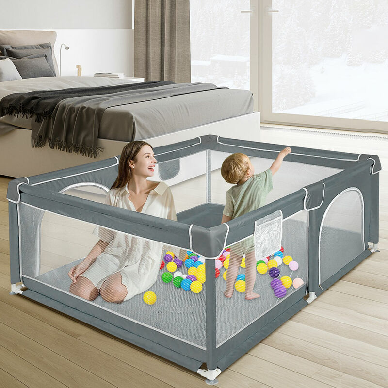 Parc bébé 2 en 1, Sac de rangement inclus, Aire de jeux de sécurité, Petit parc pour bébé avec barrières clôture, 120x160x66cm, Gris foncé